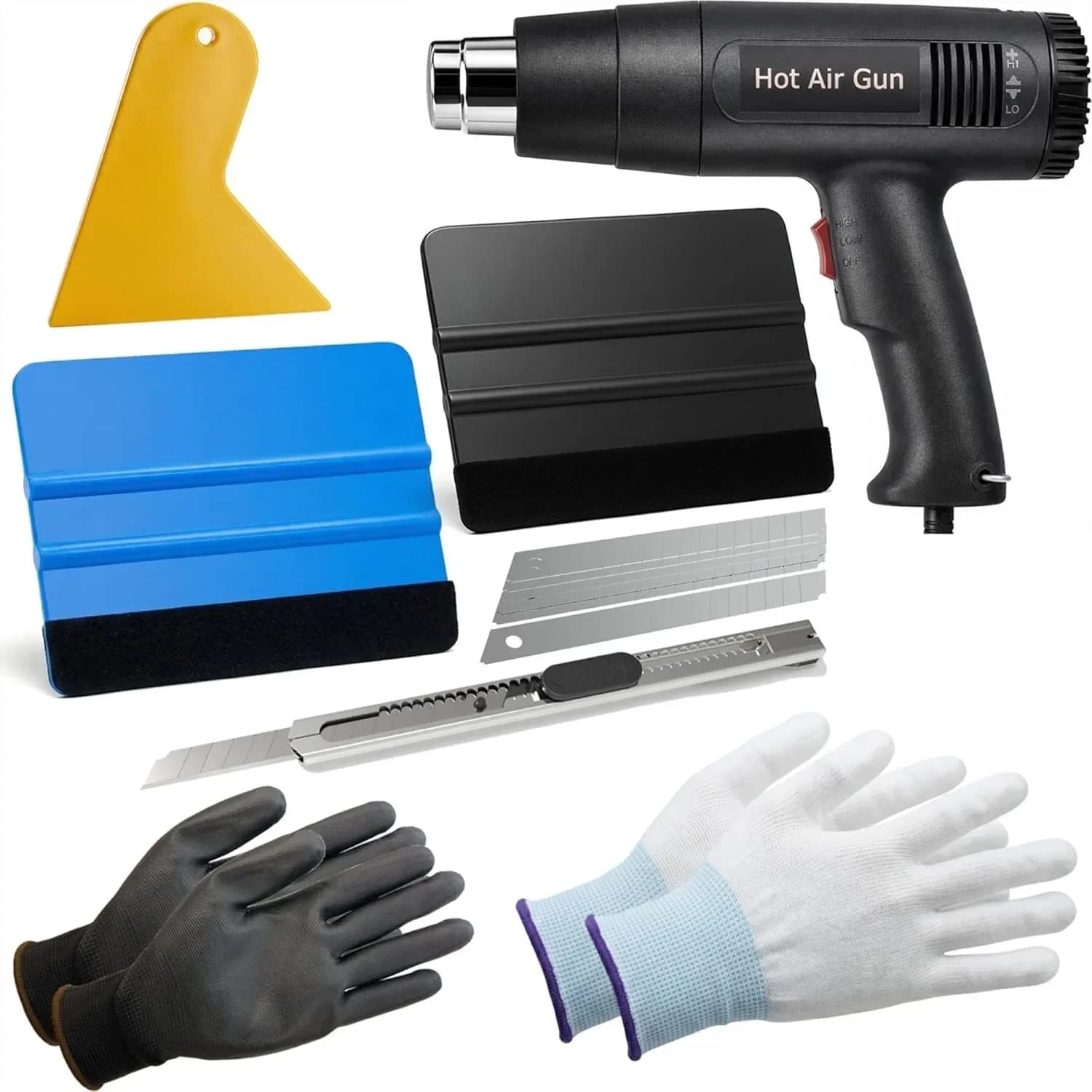 Kit di Strumenti per Applicazione Pellicole in Vinile con Pistola Termica, Spatola in Feltro, Raschietto in Plastica e Guanti per Installazione Film Auto