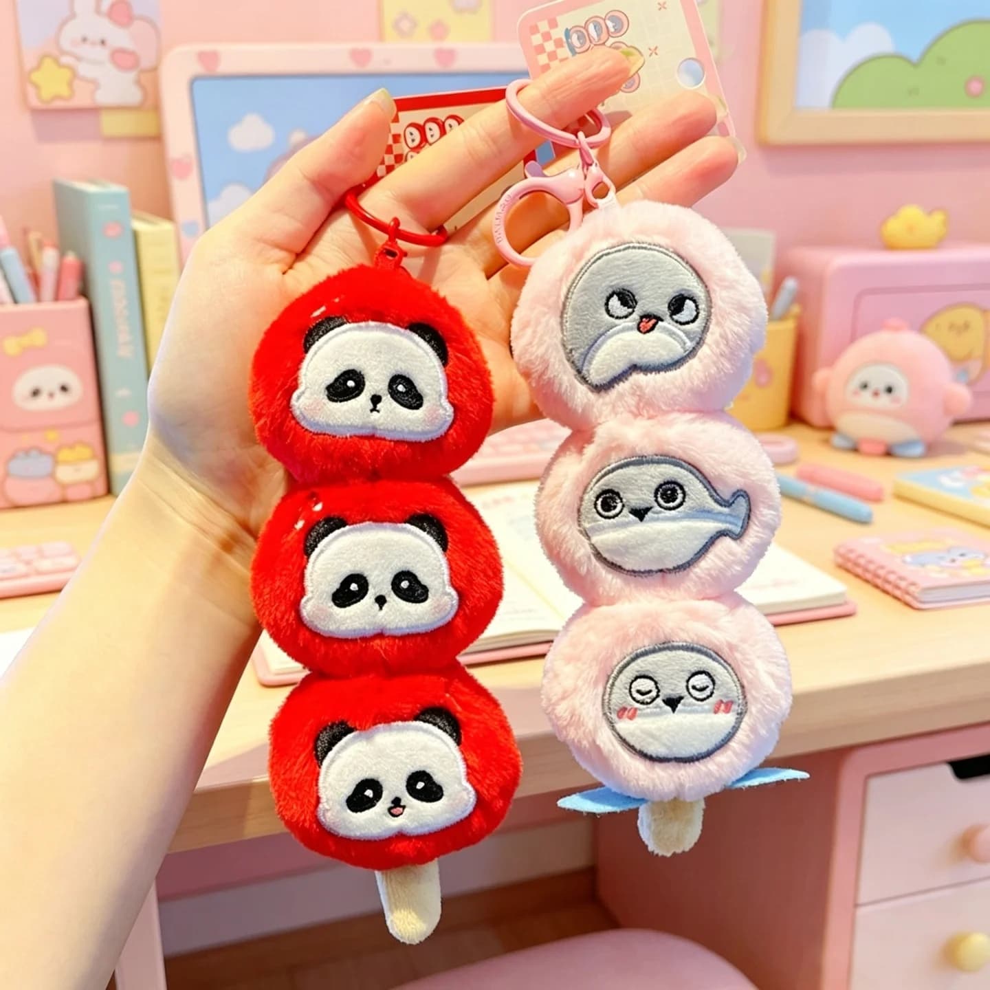 Portachiavi in peluche Panda Tanghulu - Ciondolo creativo a forma di orsetto su spiedino per coppie e zaini, adorabile animale di peluche