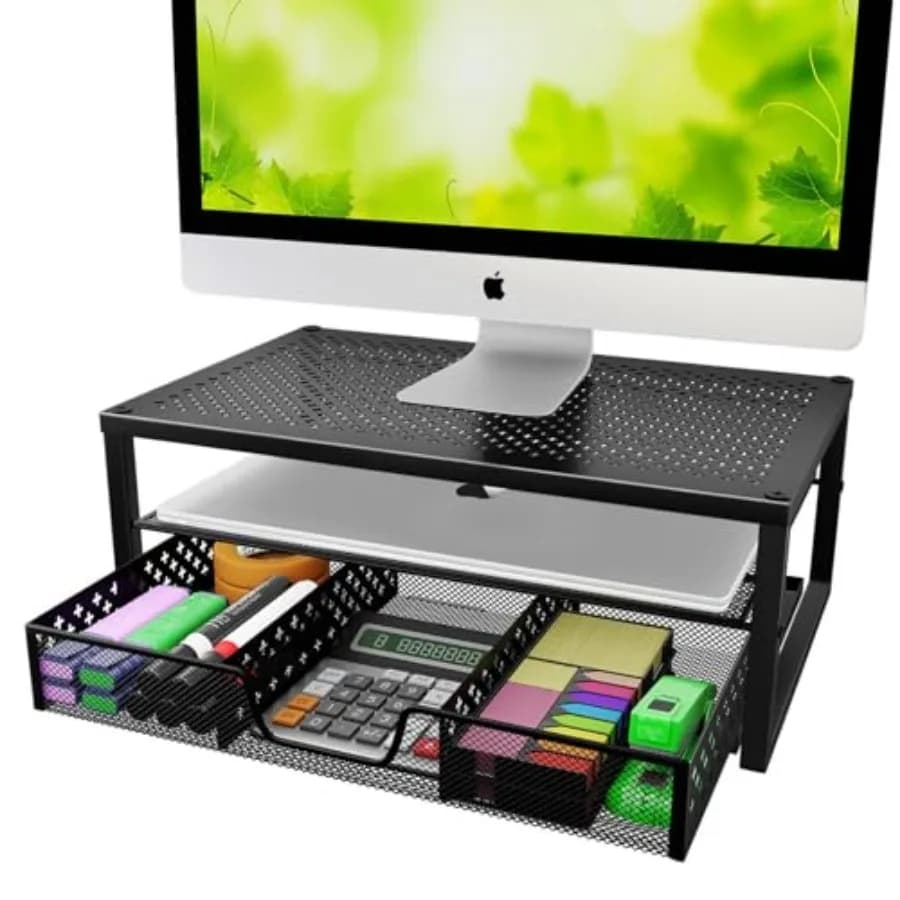 Supporto per Monitor in Metallo e Organizzatore da Scrivania con Cassetto per Laptop, Computer, iMac, Nero