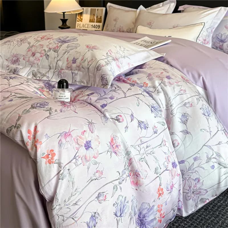 Set di Biancheria da Letto in Cotone Egiziano con Stampa Digitale Floreale, Set Copripiumino, Lenzuolo/Telo con Angoli e Federe, 4 Pezzi