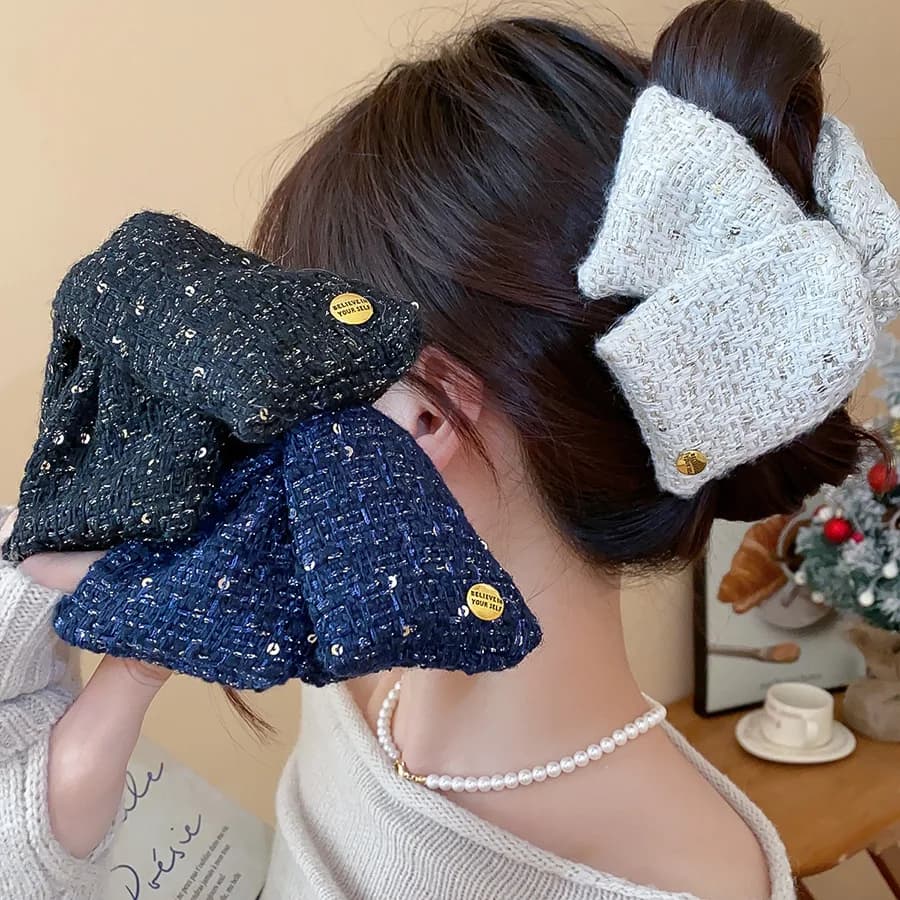Clip di squalo acrilico in tessuto francese di grandi dimensioni per donna Elegante triangolo lavorato a maglia Bowknot Artigli per capelli Accessori Autunno Inverno M