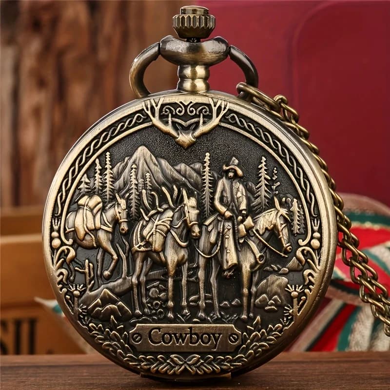 Collana con orologio da tasca al quarzo dal design antico modello COWBOY - Orologio regalo vintage unico per uomo maschio