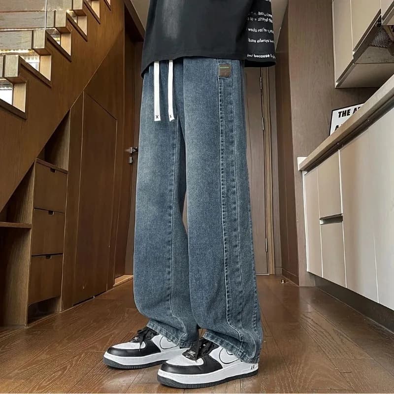 Jeans da Uomo con Coulisse in Vita, Gamba Larga e Dritta, Casual Estivi, in Denim
