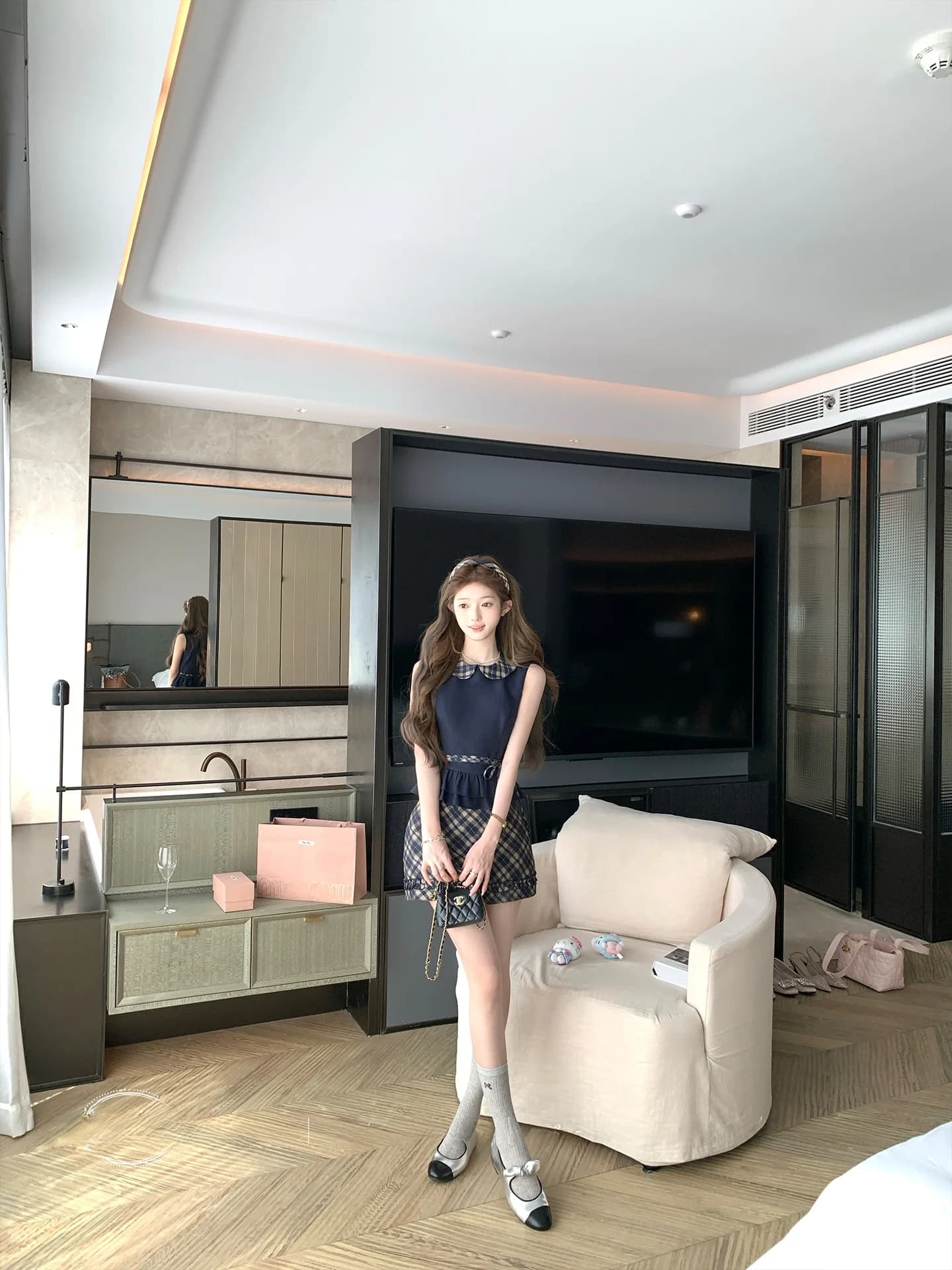 Retro Plaid Doll Collar Short Sleeve Top High Waist Skirt Set for Young Women Summer Elegant Style No Brand Student Uniform