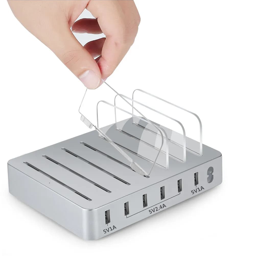 USB Charging Station Multi-Port 6-in-1 with Removable Clock Support, Universal USB Charging Hub for Tablet