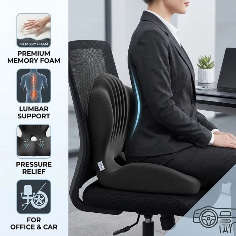 Cuscino ergonomico in memory foam per supporto lombare e sollievo dallo stress, per sedia da ufficio e auto, nero