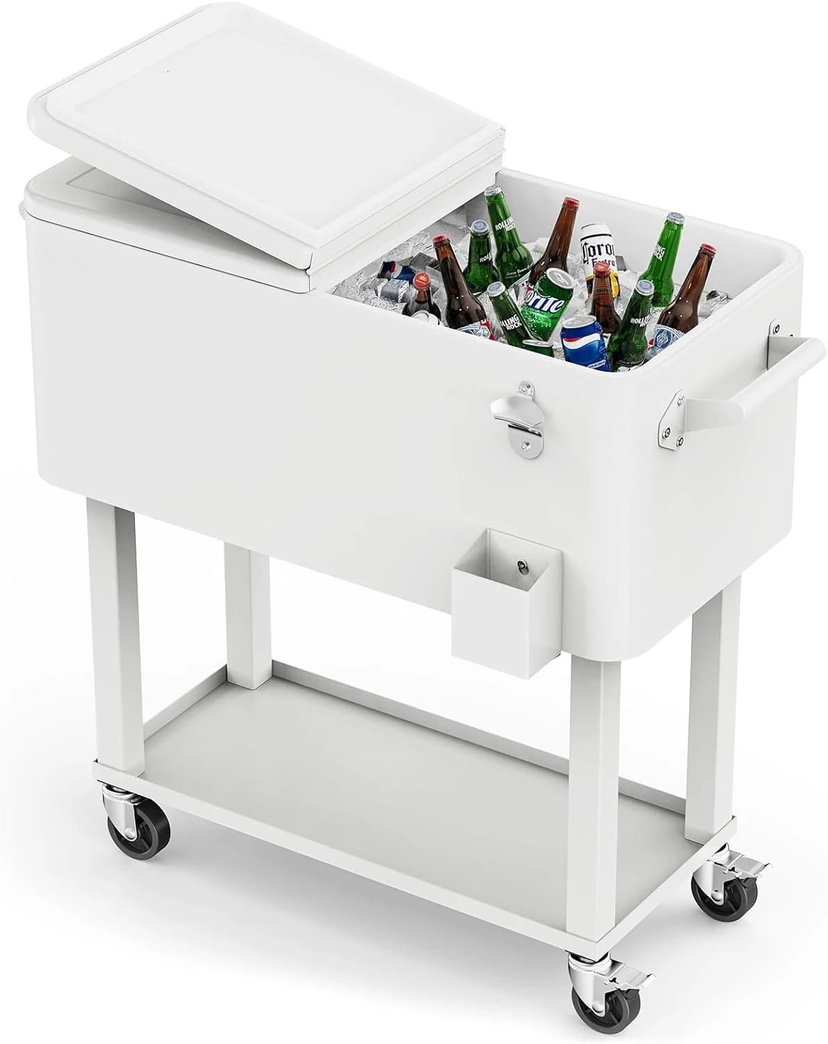 Rolling Ice Chest Cooler Cart, Portable Patio Party Bar Drink Cooler With Bottom Shelf, Outdoor Beverage Pool Storage Bin With Built In Bottle Opener, Modern Entertaining Food Display Container, Gray