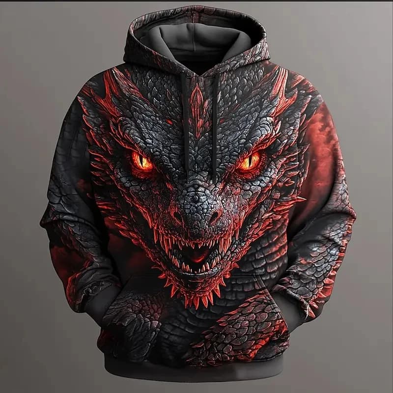 Felpe con Cappuccio 3D Drago da Uomo, alla Moda, Cool, per Tutti i Giorni, a Maniche Lunghe, Girocollo, per Feste, Vacanze, Streetwear, Autunno Inverno, Tuta Sportiva, Cappotto