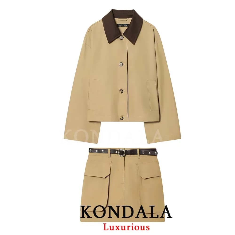 KONDALA Vintage Chic Khaki Solid Women Suit Turn-down Collar Single Breasted Coat Belt Pockets Skirt Fashion 2026 Holiday Sets