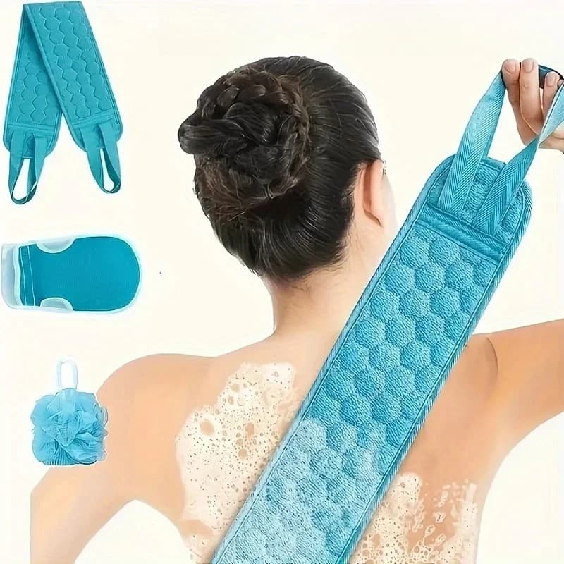 Exfoliating body scrubber set - Includes back scrubber, bath glove and loofah sponge for shower