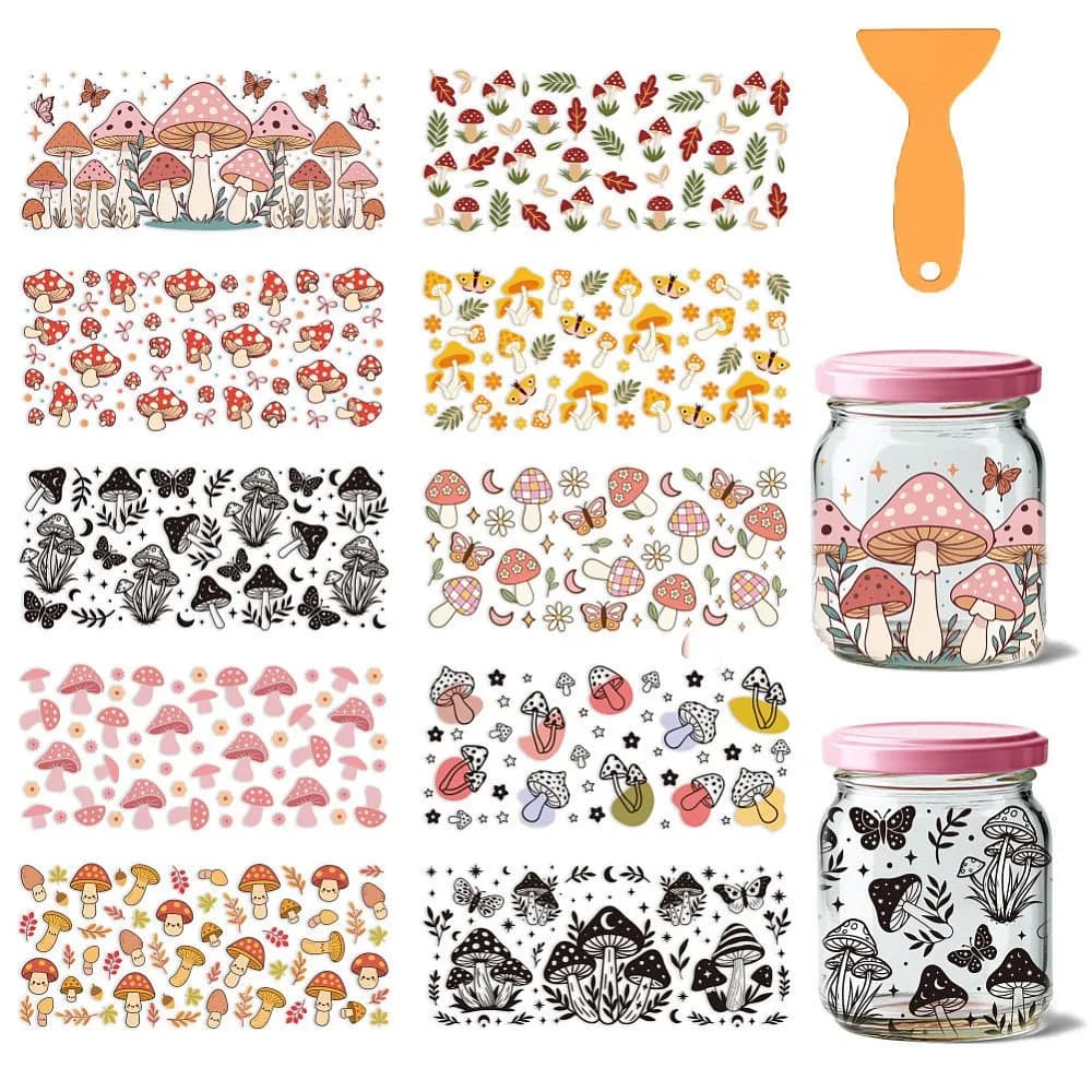 Carta Termotrasferibile in PVC per Sublimazione UV, per Tazze e Oggetti a Forma di Fungo, 110x240mm, 10 Stili, 1 pz/stile, 10 pz/set