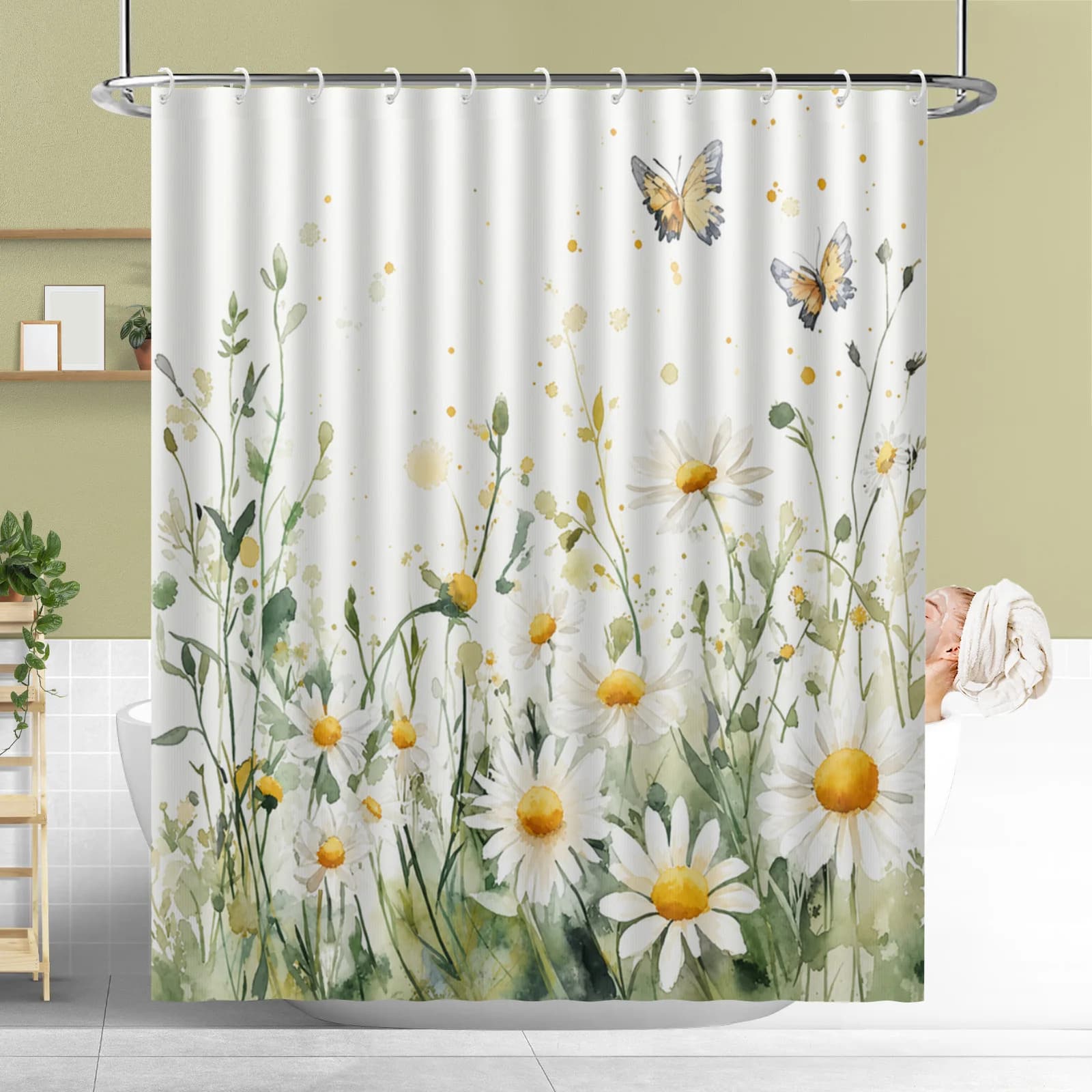 Watercolor Daisy Flowers Shower Curtain with Hooks Waterproof Polyester Fabric Bathroom Modern Minimalist Curtains for Bath Room
