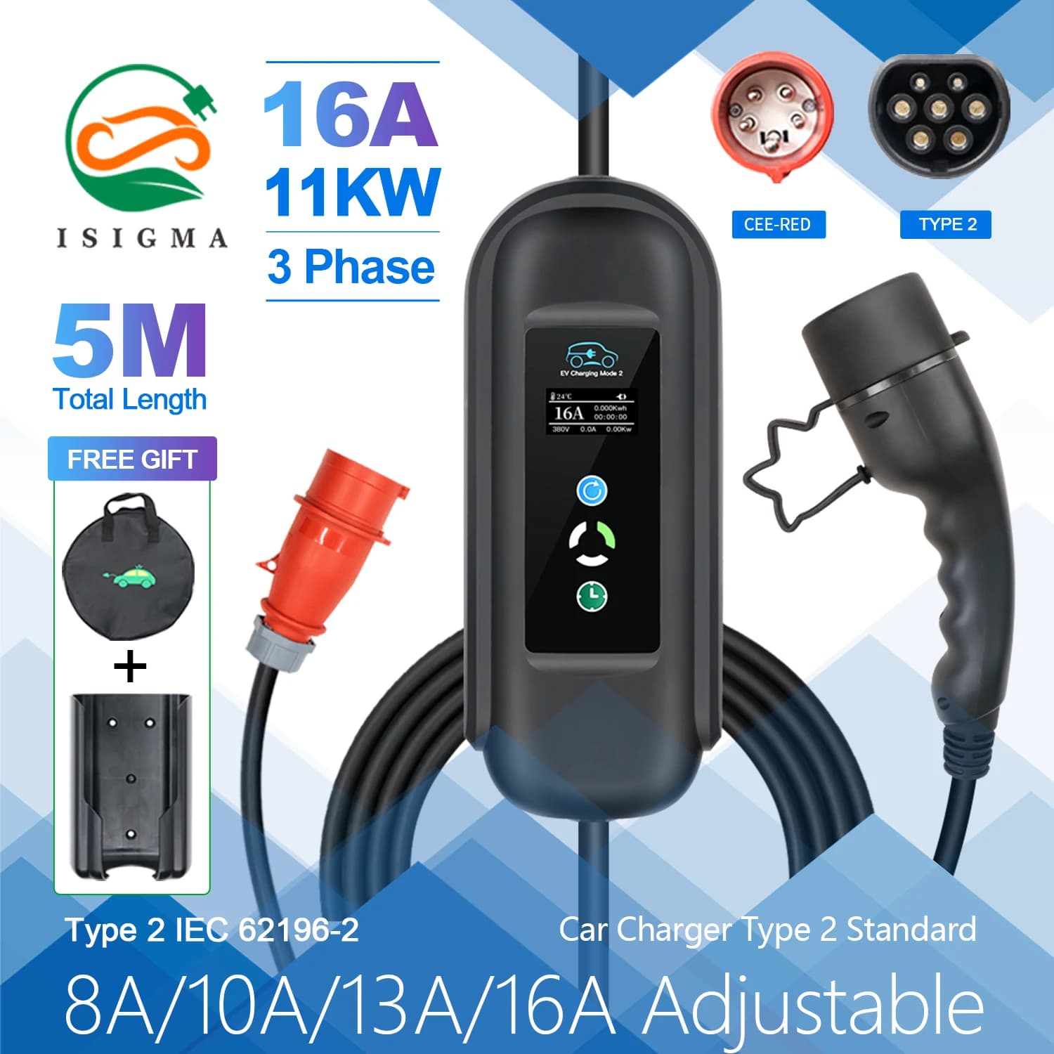 Caricatore EV Portatile ISIGMA 16A 11KW Tipo 2 con Spina IEC-62169, Cavo da 5M, Corrente Regolabile e Timer di Ricarica per Auto Ibride ed Elettriche