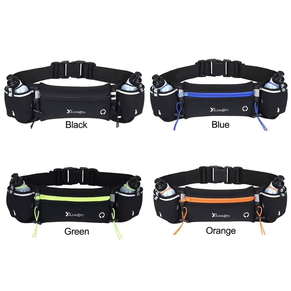 For running, hiking, climbing, pouch with bottles, multiple pockets, pouch with reflective strip, adjustable shoulder strap