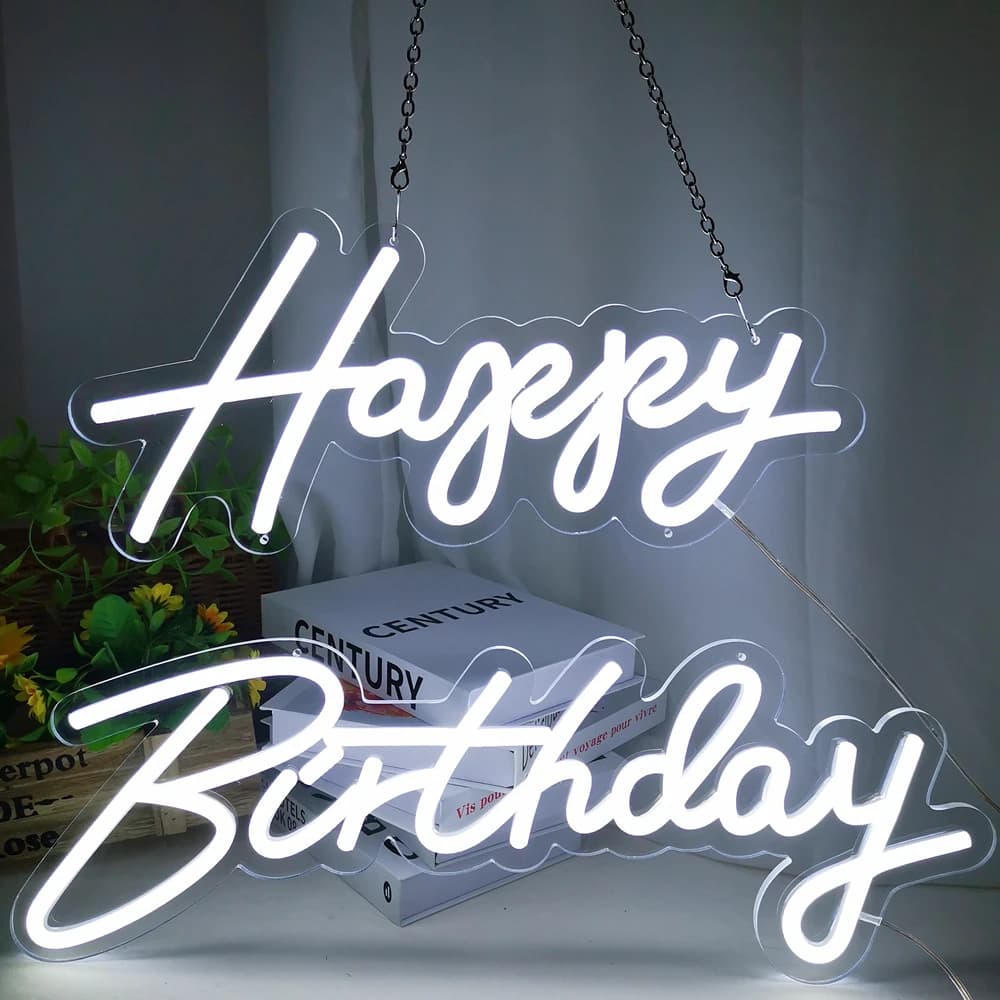 Insegna al neon di buon compleanno 45-76 cm Dimensioni personalizzate con neon LED in silicone dimmerabile e luci per feste di compleanno con supporto in acrilico trasparente
