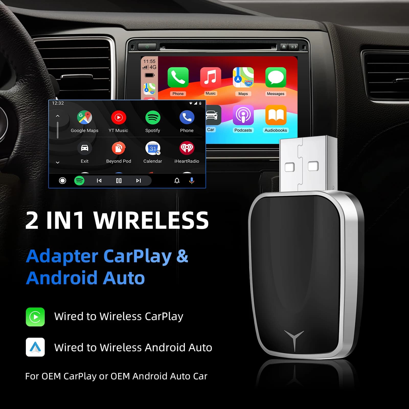 2026 Wireless Carplay Adapter 2In1 Android Auto Smart Dongle 5G WIFI for car OEM with USB Plug & Play port with Bluetooth WIFI