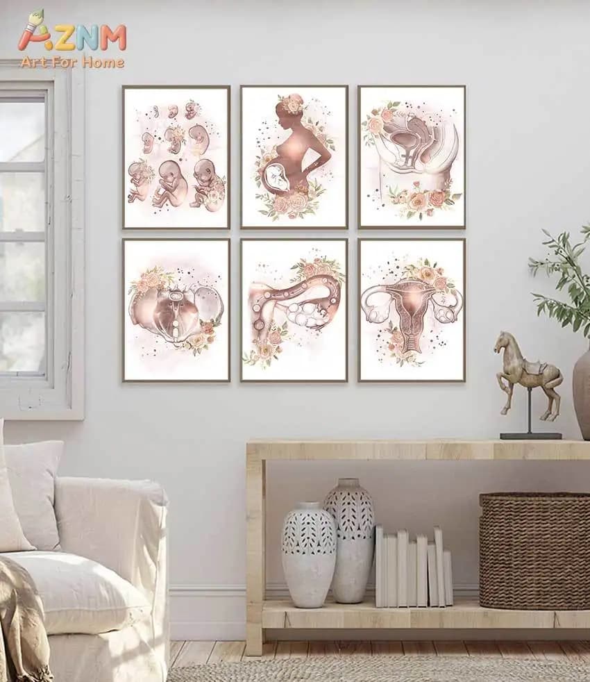 AZNM Watercolor Floral Female Reproductive Anatomy Canvas Wall Art Uterus Fetus Pregnancy Art Print Unframed Painting for Midwif