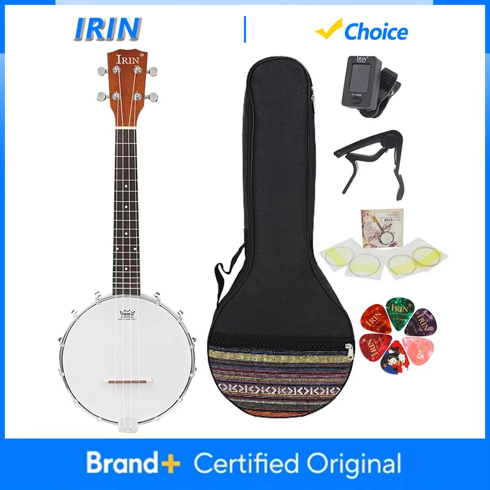 IRIN Banjo a 4 Corde con Corpo in Sapele, Tastiera in Palissandro, Chitarra Banjo Professionale con Borsa, Accordatore, Plettri, Parti e Accessori