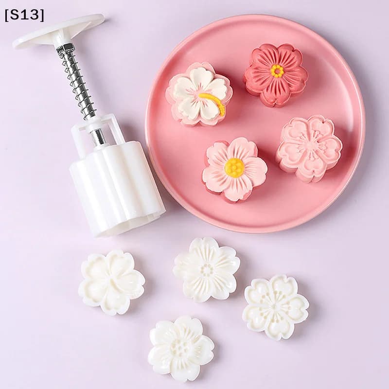 4Pcs/Set DIY Mid-Autumn Festival Cherry Blossom Mooncake Mold Flowers Pattern Stamps Hand Press Mold Plungers Pastry Tool[Q]Q@