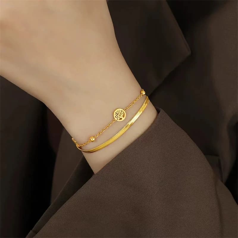 Kuziduocai 100% acciaio inossidabile 2025 nuovi gioielli di moda 18 carati placcato oro 2 strati perline albero della vita braccialetto a catena con ciondoli da donna