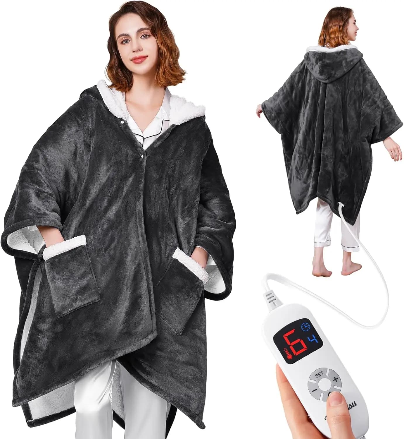 Coperta riscaldata elettrica reversibile con tasche e cappuccio, 6 livelli di calore, timer, lavabile in lavatrice grigia
