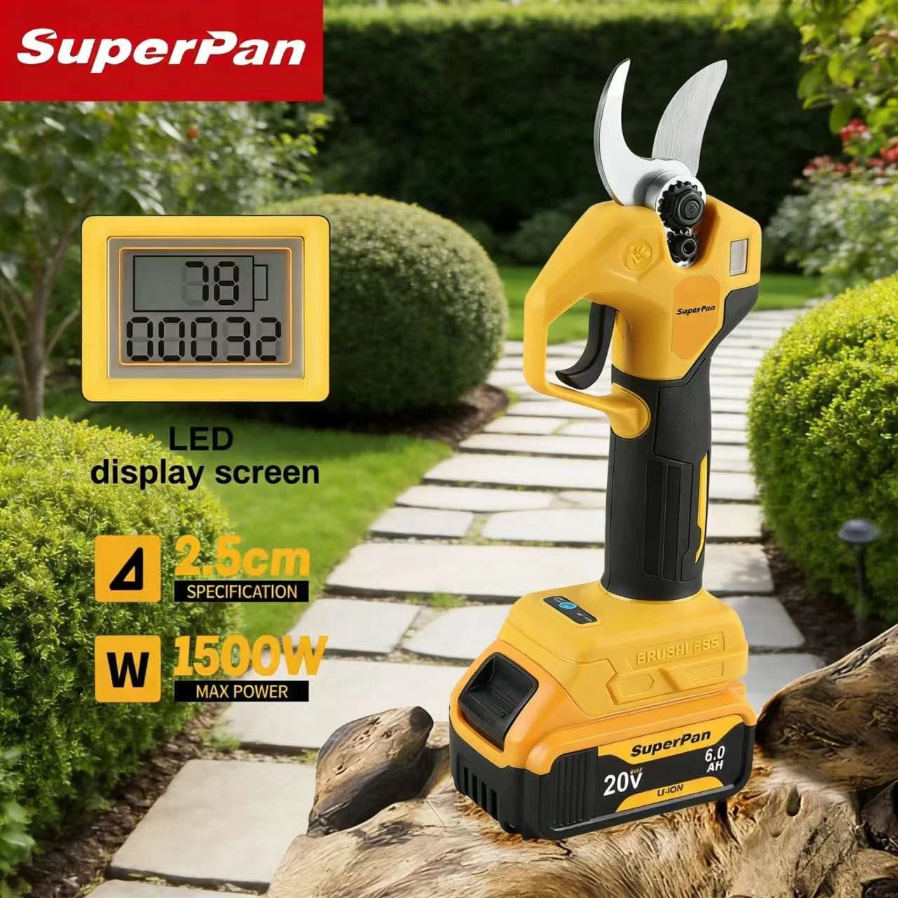 SuperPan pruning scissors, resistant gardening tools for lawn care, pruning of branches and shrubs, compatible with Dewalt 20V battery.