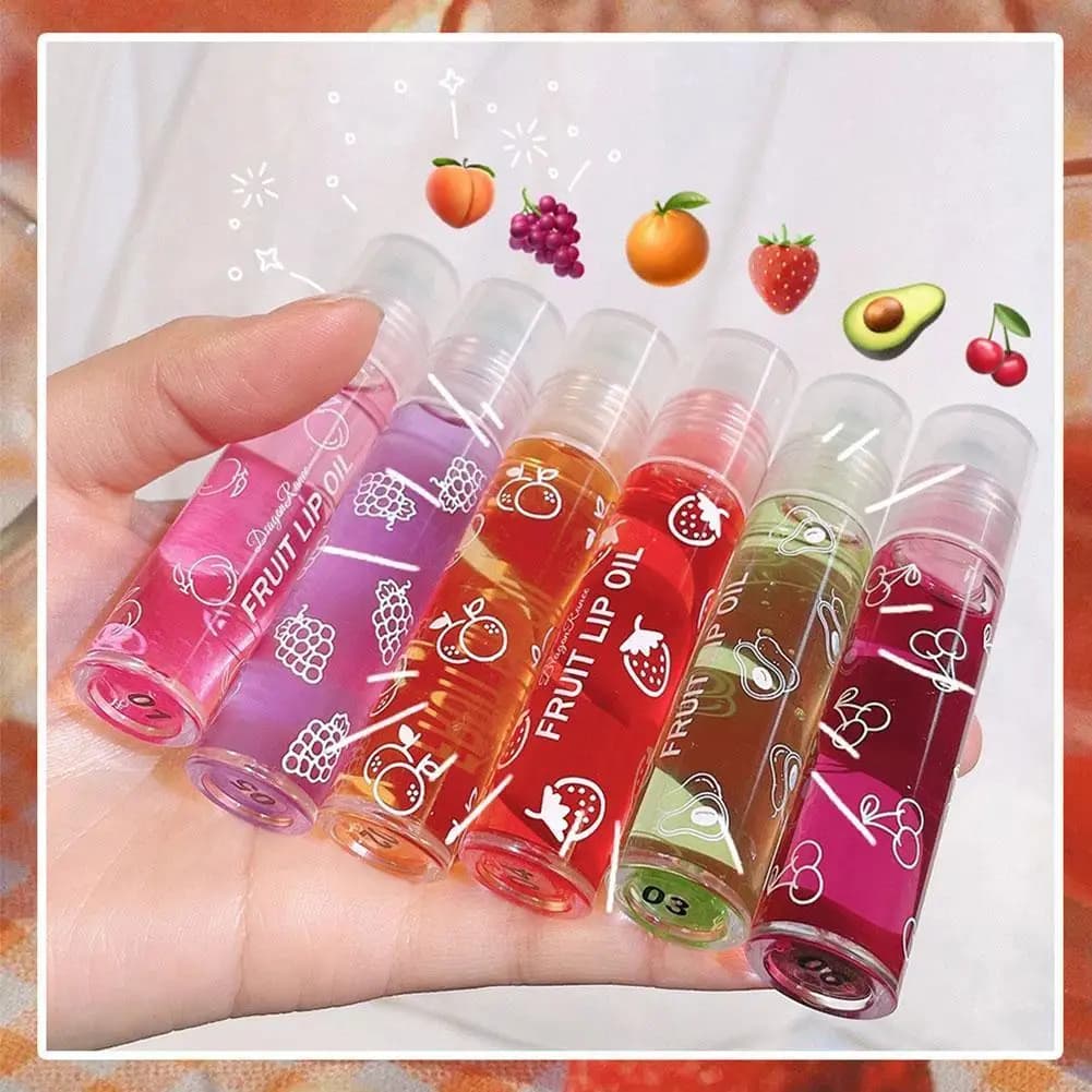 6 Colors Roll-on Fruit Essence Lip Balm Gloss Lip Oil Fruity Lips Gloss Moisturizing Lip Oil Transparent Lip Mirror Case