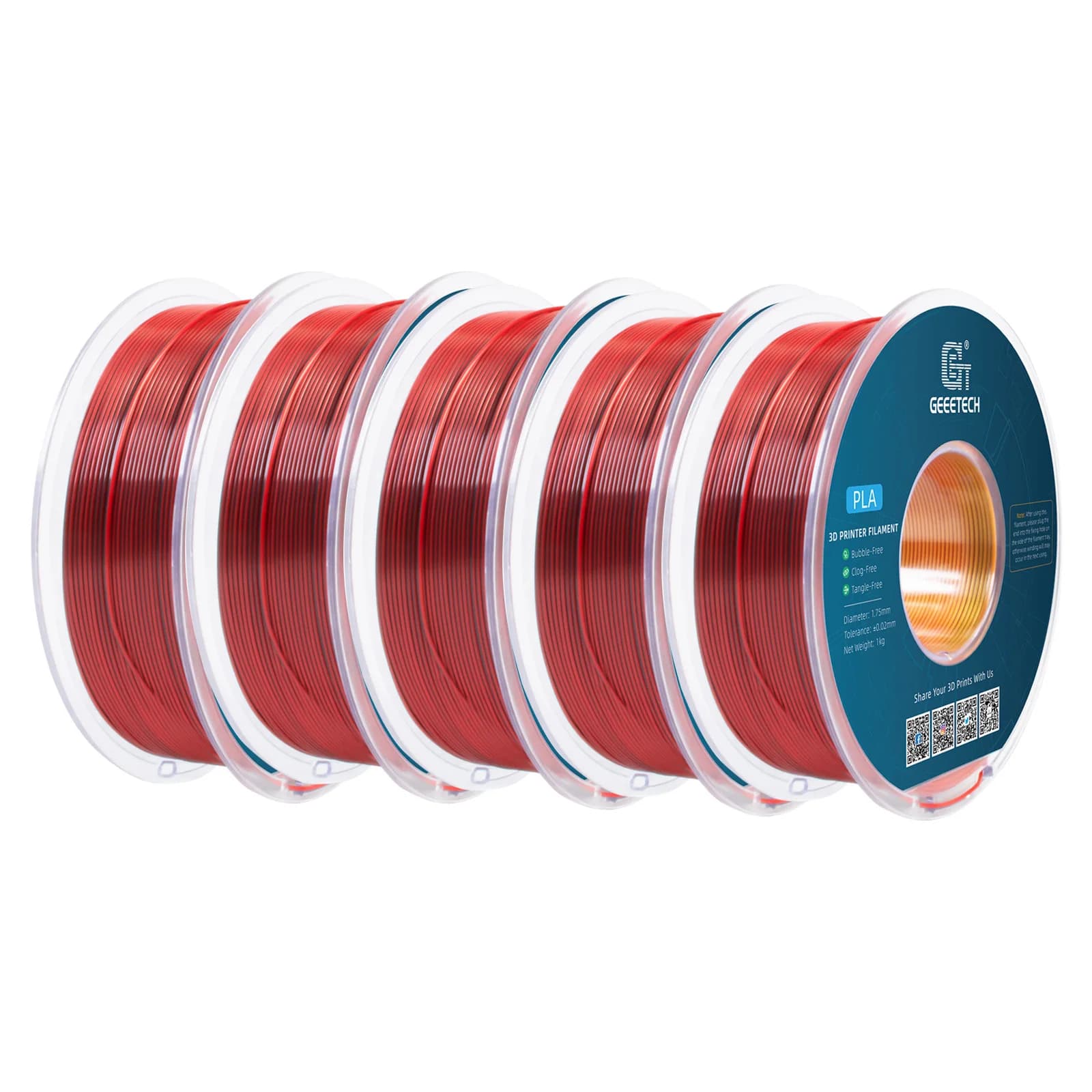Geeetech Filamento PLA di seta tricolore da 5 kg, filamento 3D Filo da bobina da 1,75 mm (+/-0,03 mm) Confezione sottovuoto, colore speciale