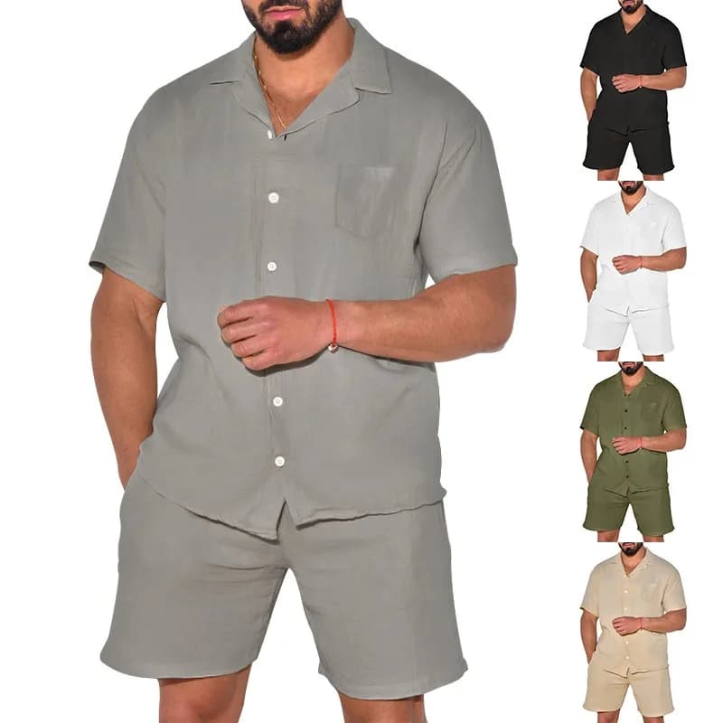 Summer Solid Color Sports Short-sleeved Shorts Set Loose Casual Men's Shirt Set