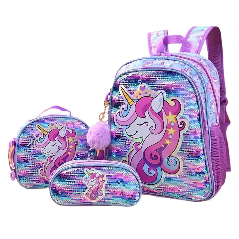 3 pezzi zaini unicorno con paillettes per bambini zaino da scuola per ragazze con astuccio per il pranzo carino zaino da viaggio per la scuola regalo di Natale per bambini