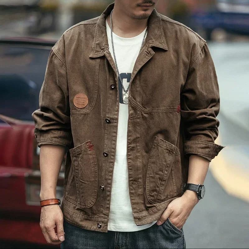 Button Jeans Coat Men Black Cargo with Embroidery Denim Jackets Brown Splicing Winter Outerwear on Board Rock Oversize JJ1177