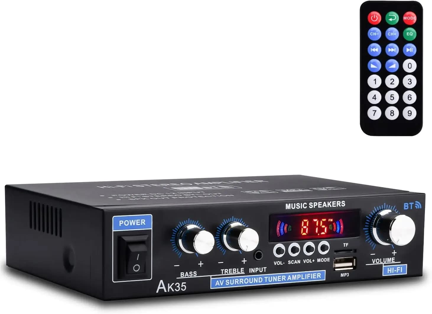 Amplificatore Audio Domestico Bluetooth 5.0 a Doppio Canale da 200W con Radio FM, USB, Scheda SD e Telecomando