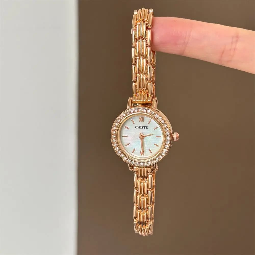 Orologio da polso vintage con quadrante rotondo, bracciale con diamanti intarsiati, elegante orologio al quarzo, regalo di lusso per donna.