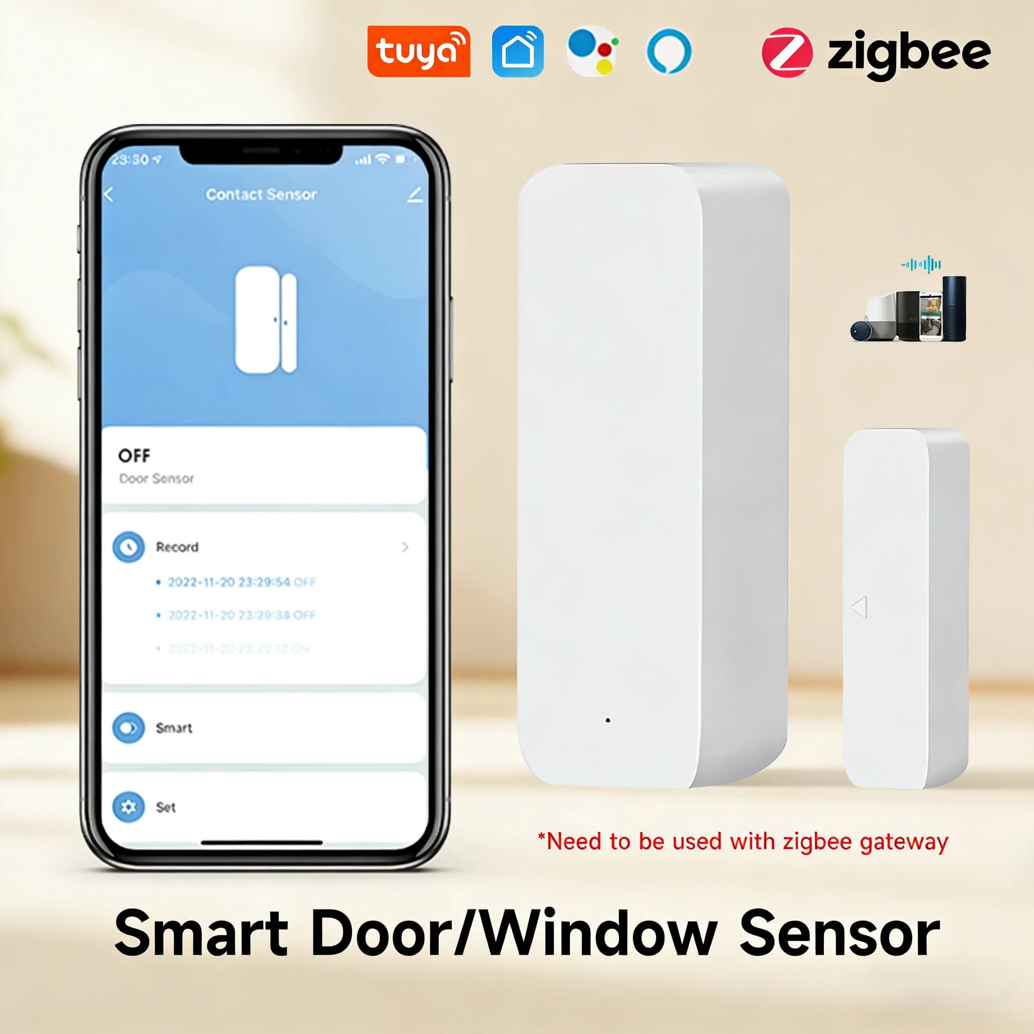 Sensore di sicurezza intelligente Zigbee per porte e finestre, sensore di contatto magnetico per allarme antifurto Tuya, compatibile con Alexa, Google Assistant e Z2MQTT