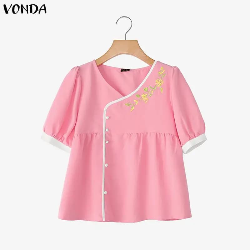 VONDA Summer Short Sleeve Tops Women Blouses Patchwork Floral Blusas Fashion V Neck Tee Streetwear Tunic Oversize S-3XL