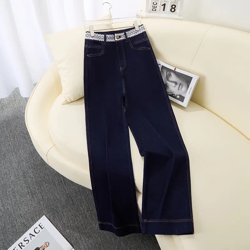 Pantaloni a gamba larga a nove punte blu scuro da donna, jeans a gamba dritta alla moda a vita alta versatili autunnali, pantaloni casual piccoli