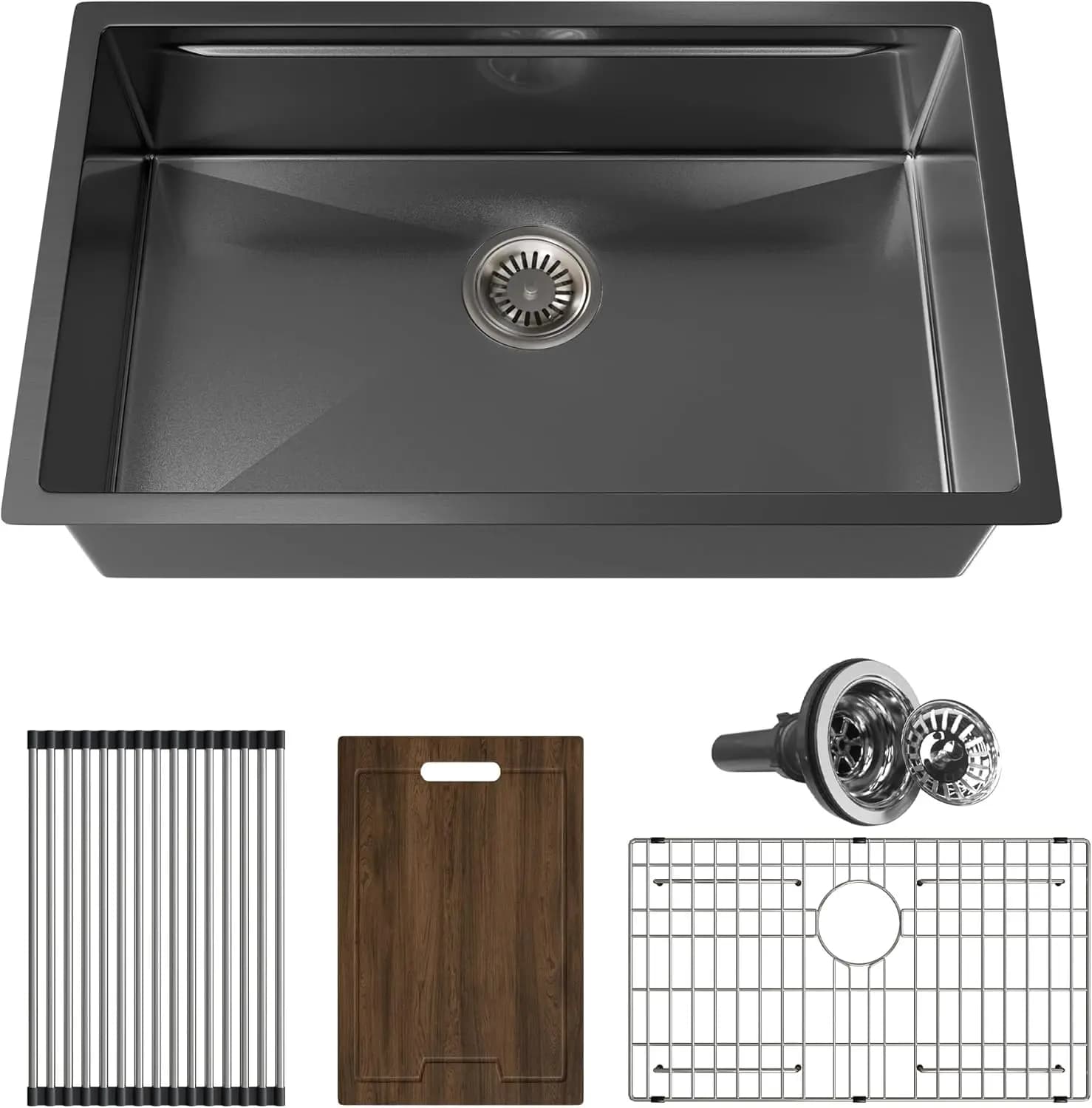 Lavello da cucina sottopiano da 31 pollici, workstation a vasca singola 31x18 con tagliere, scolapiatti, griglia inferiore, nero gunmetal