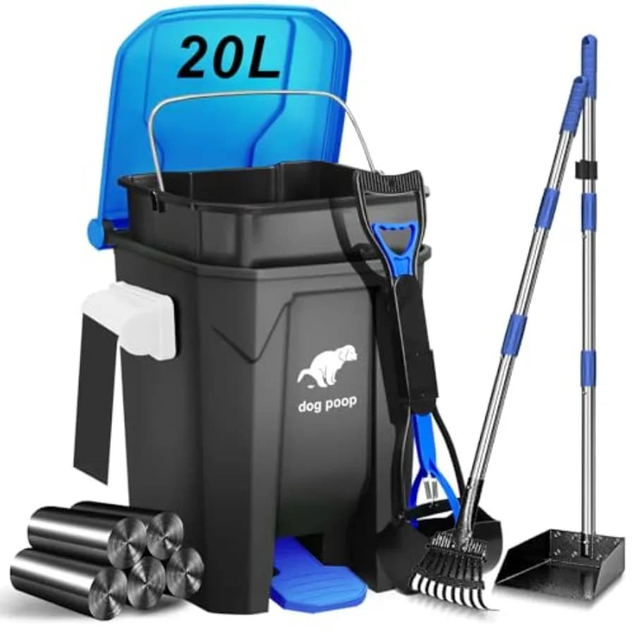 Cestino per deiezioni canine da esterno con paletta raccogli-escrementi e vassoio a rastrello in metallo, 20L/5Gal, contenitore per rifiuti animali con coperchio, pedale e cestino interno rimovibile 10