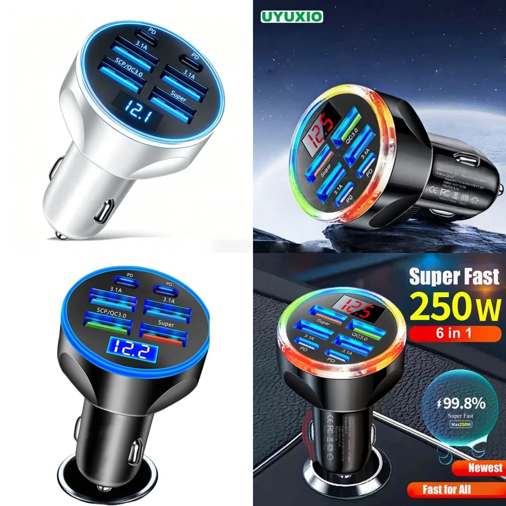 Adattatore di Ricarica Super Veloce 6 in 1 per Auto con Voltmetro, Caricabatterie USB C Multiporta per iPhone, Prodotto di Tendenza
