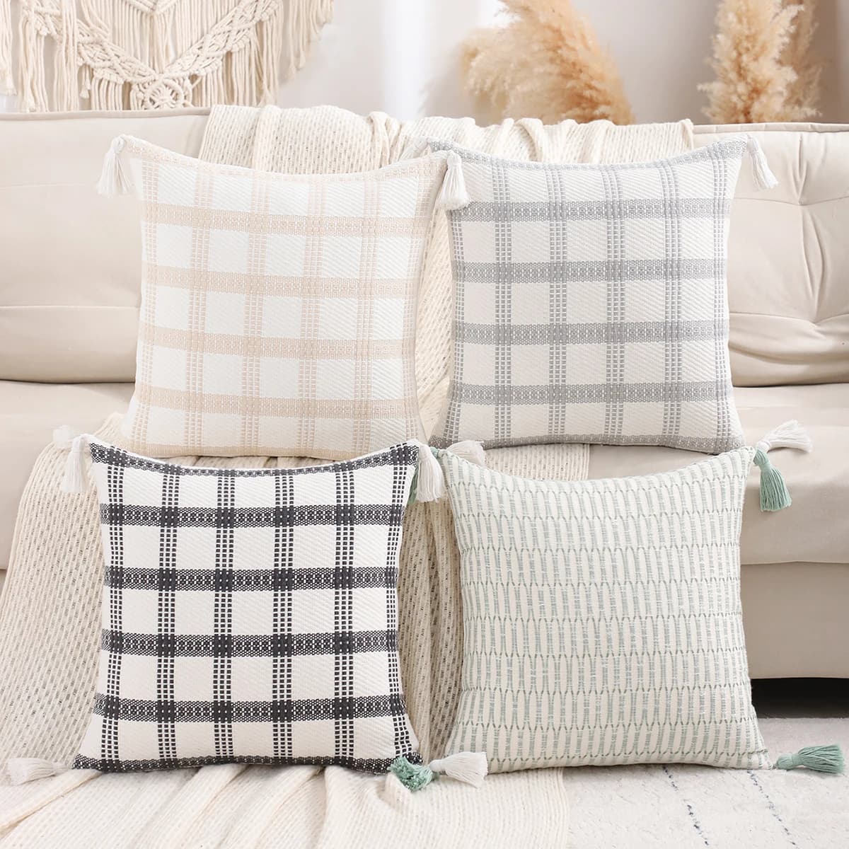 1 Piece Boho Cover in Lino Jacquard with Frange, Home Decoration, Living Room, Sofa, Spring Summer 18*18 Inches