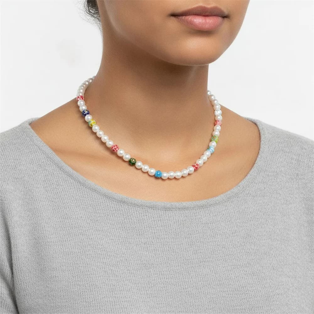 Colorful Hand Painted Floral Murano Style Beads Mixed White Pearl Choker Necklace Cute Retro Vacation Jewelry for Women