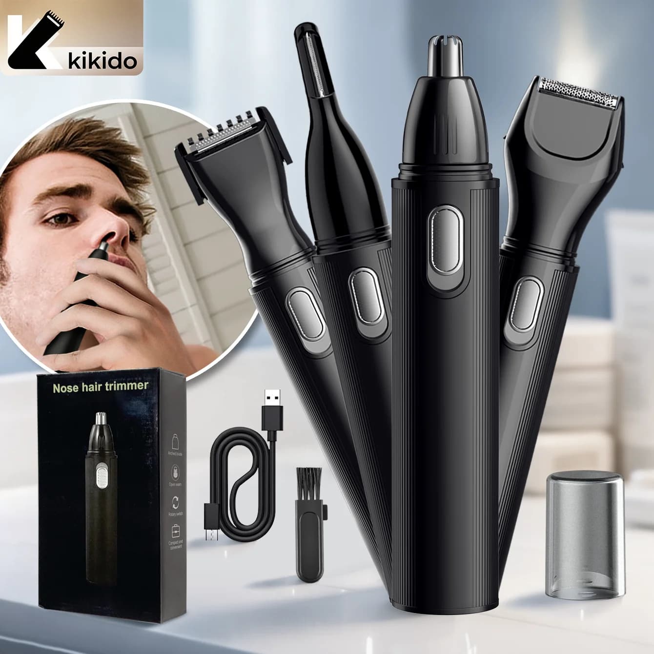 KIKIDO 4 in 1 Tagliacapelli per naso da uomo, tagliacapelli elettrico per naso, barba, sopracciglia, kit di toelettatura ricaricabile senza fili