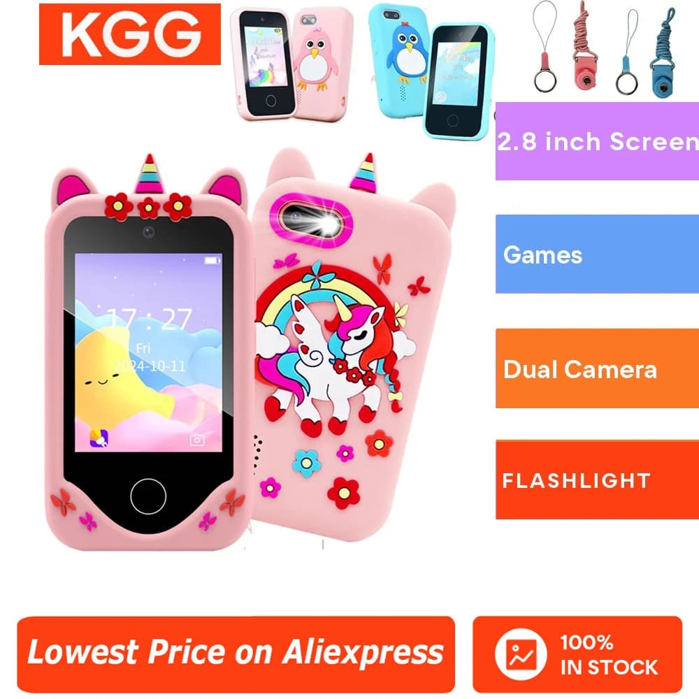 Giocattolo Educativo per Bambini a Forma di Smartphone con Doppia Fotocamera, Lettore Musicale, Memoria 32G e Cordino, Regalo per l'Apprendimento