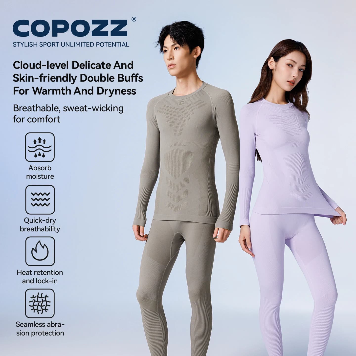 COPOZZ Set di biancheria intima termica da sci senza cuciture da donna e uomo, girocollo ad alta elasticità, asciugatura rapida, traspirante, strato base sportivo, mutandoni lunghi