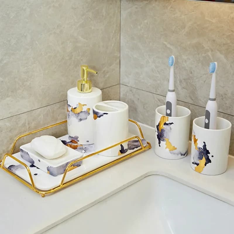 Ceramic Bathroom Accessories Set Soap Dispenser Toothbrush Holder Soap Dish Cotton Swab Aromatherapy Bathroom Supplies