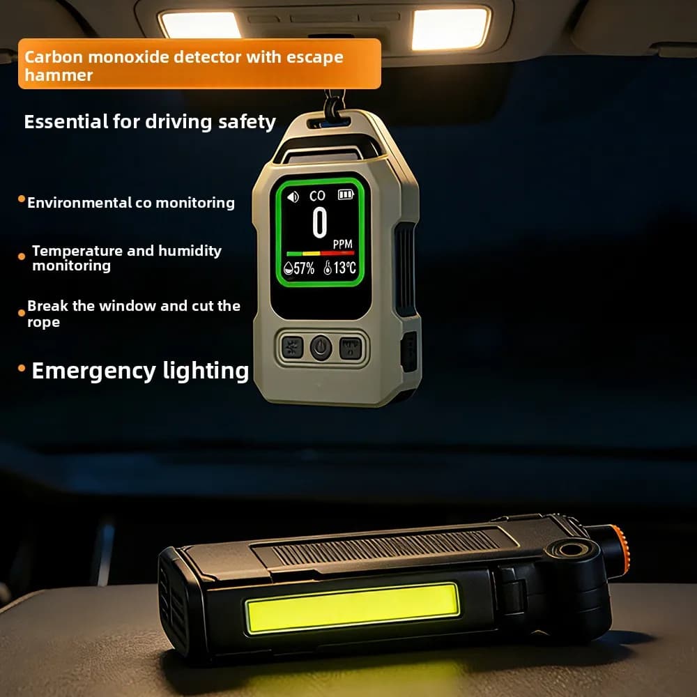 Car‑mounted Carbon Monoxide Detector, CO Alarm with Tool Light, Temp Humidity Monitor & Window Breaker Hammer