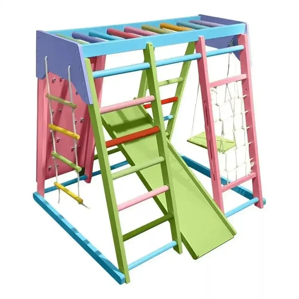 Attrezzatura da palestra per bambini: Parete da arrampicata, sbarra per trazioni, scala e scivolo, altalena, gioco da giungla in legno per bambini, da interno