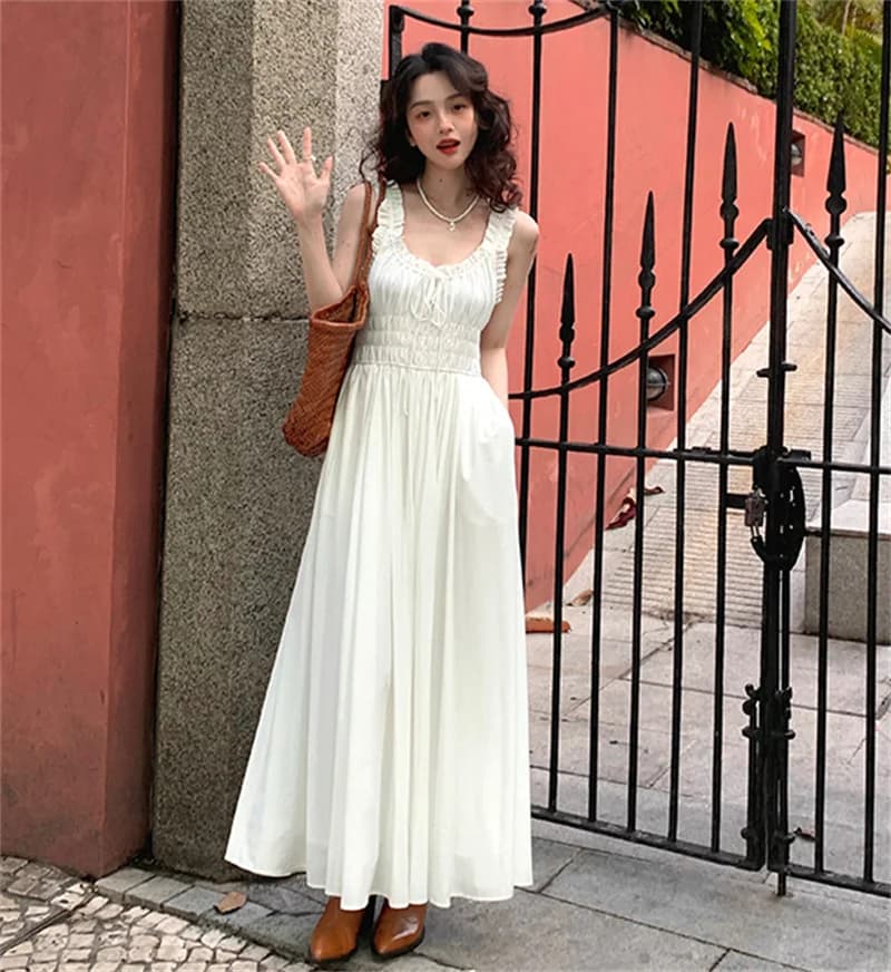 Abito bianco francese Vintage Slim Summer Light Dress Daily Casual pendolare Dress Pretty Green Fairy Dress elegante abito lungo nero