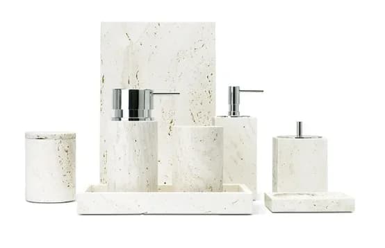 Articoli da toeletta per il bagno in travertino beige Ture Dispenser di sapone in pietra naturale Portaspazzolino Vassoio Scatola per fazzoletti Accessori per il bagno