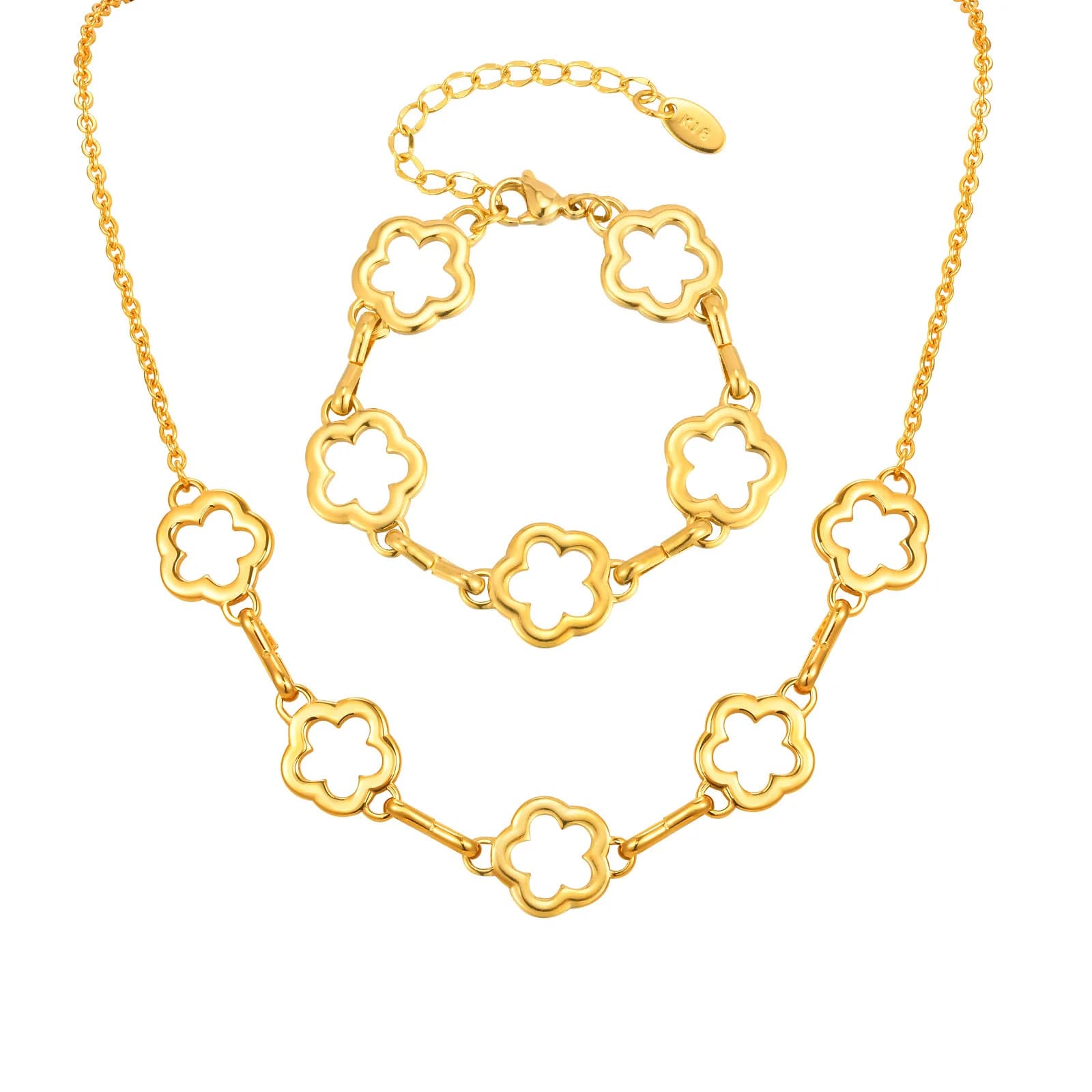 Vnox Elegant Jewellery Set With Five Flowers Necklace and Bracelet, Waterproof Stainless Steel, Trendy Gift for Women and Girls